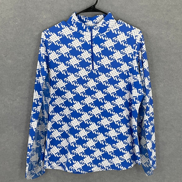IBKUL Womens Sz L Quarter Zip Pullover Top Blue White Pattern Mesh Golf Outdoor - Picture 1 of 12